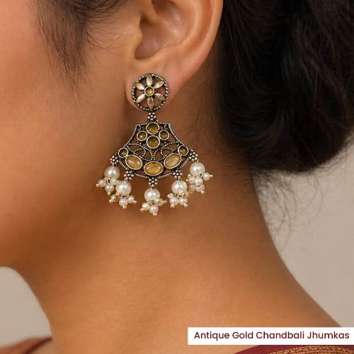 Antique Gold Chandabali Jhumkas