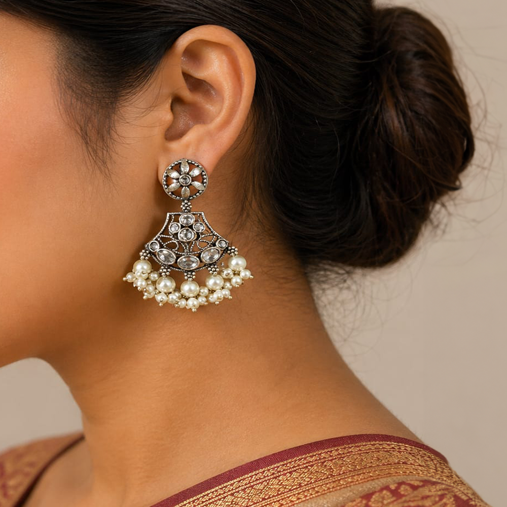 Antique Silver Kundan Jhumka