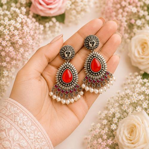 Antique Finish Red Pearl Drop Earrings