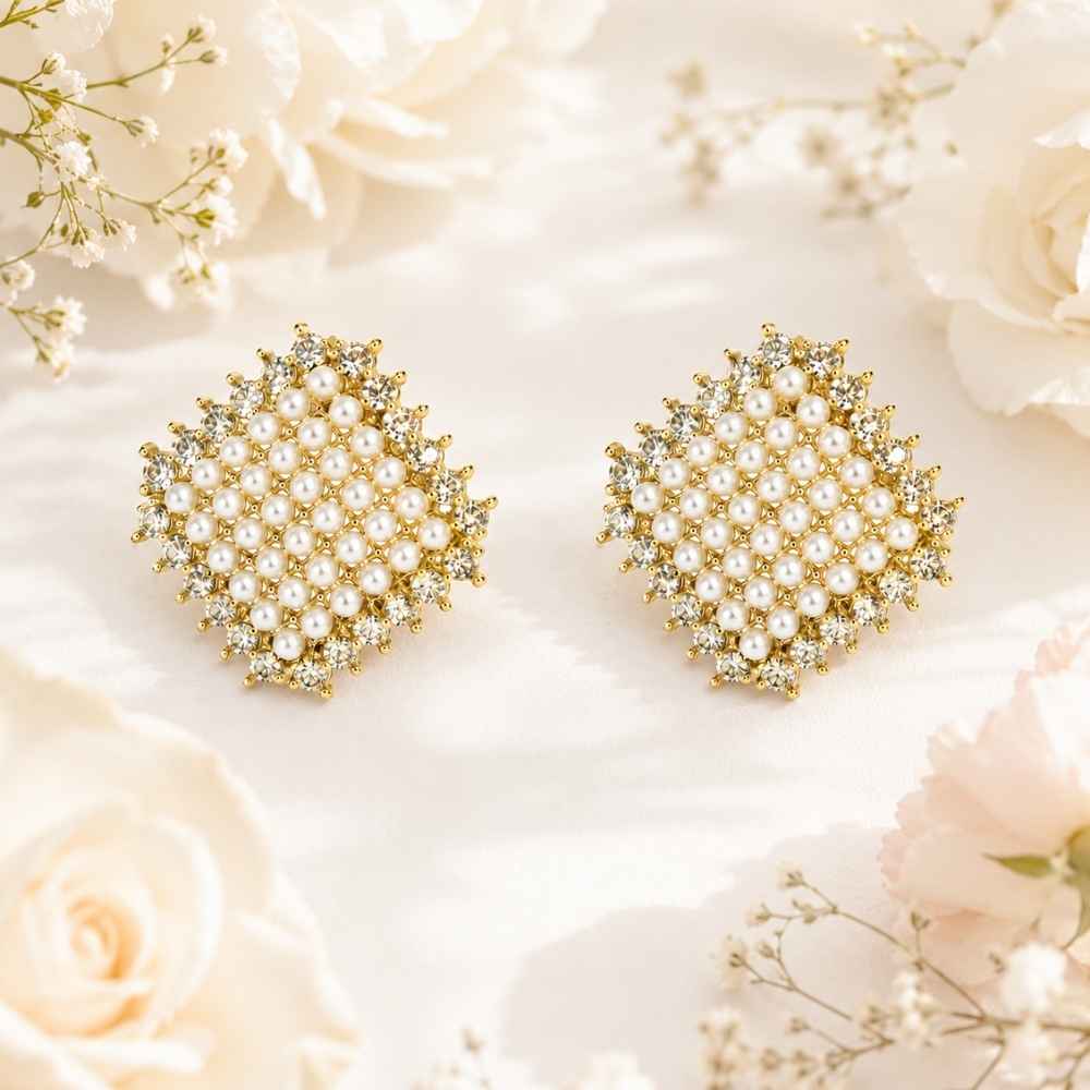 Golden Pearl Crystal Stud Earrings